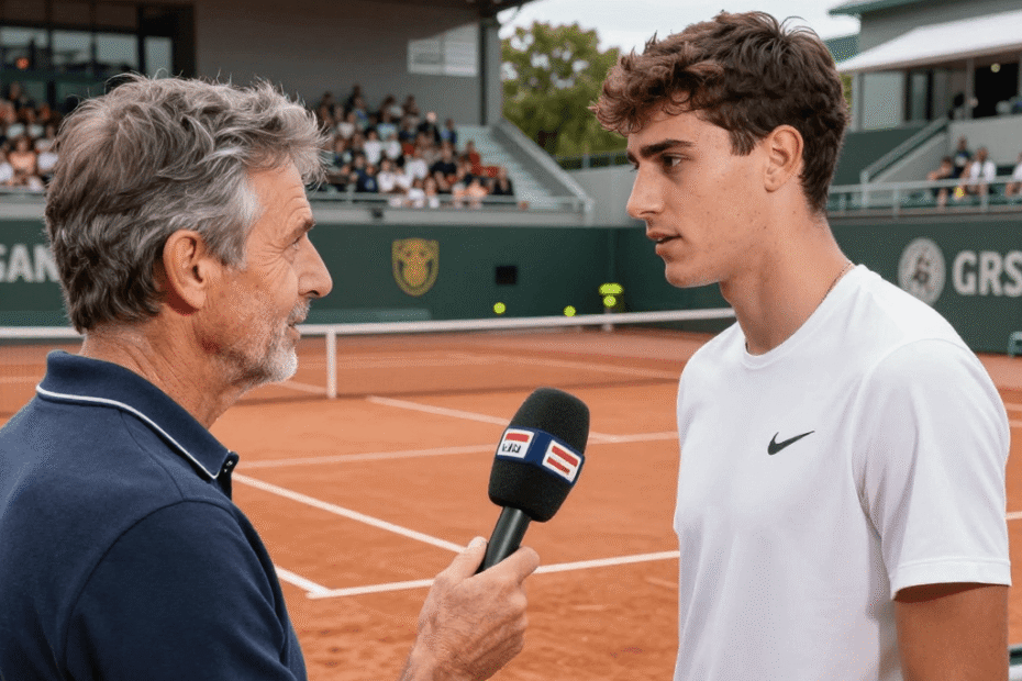 Young male tennis player being interviewed during match.